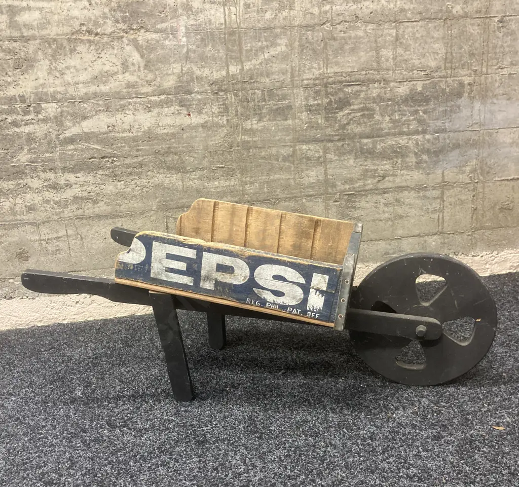 Vintage Wooden Pepsi Crate Wheelbarrow, H32 W77 D34cm (Blue Pepsi Bottle Crate With White Writing, Metal Straps) Image 1++