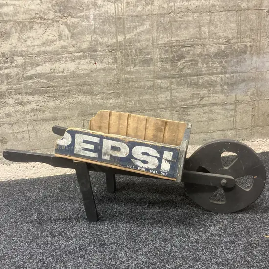 Vintage Wooden Pepsi Crate Wheelbarrow, H32 W77 D34cm (Blue Pepsi Bottle Crate With White Writing, Metal Straps)