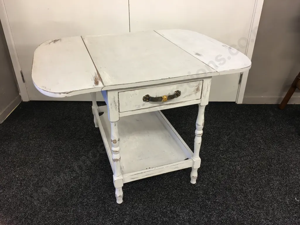 Dropleaf Table, Painted White / Distressed, Single Drawer, H161cm Image 1++