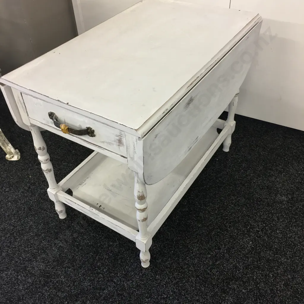 Dropleaf Table, Painted White / Distressed, Single Drawer, H161cm Image 1++