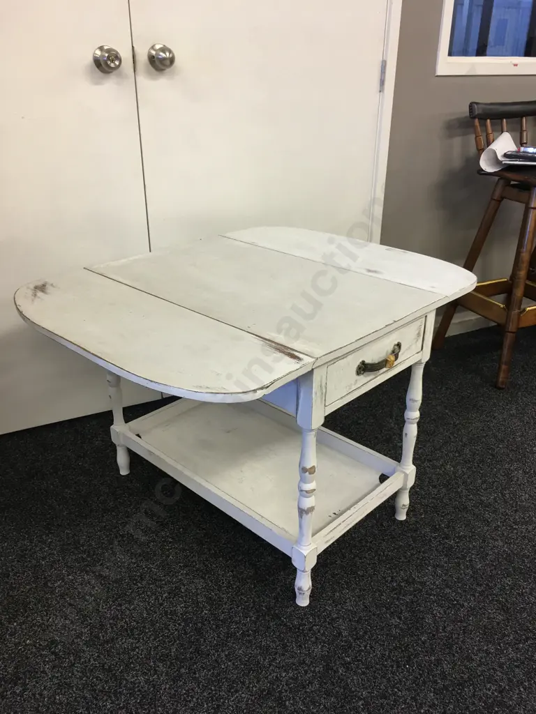 Dropleaf Table, Painted White / Distressed, Single Drawer, H161cm Image 1++