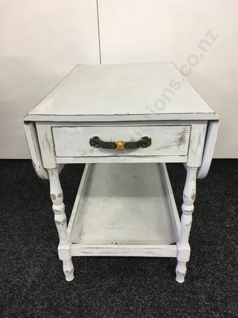 Dropleaf Table, Painted White / Distressed, Single Drawer, H161cm Image 1++