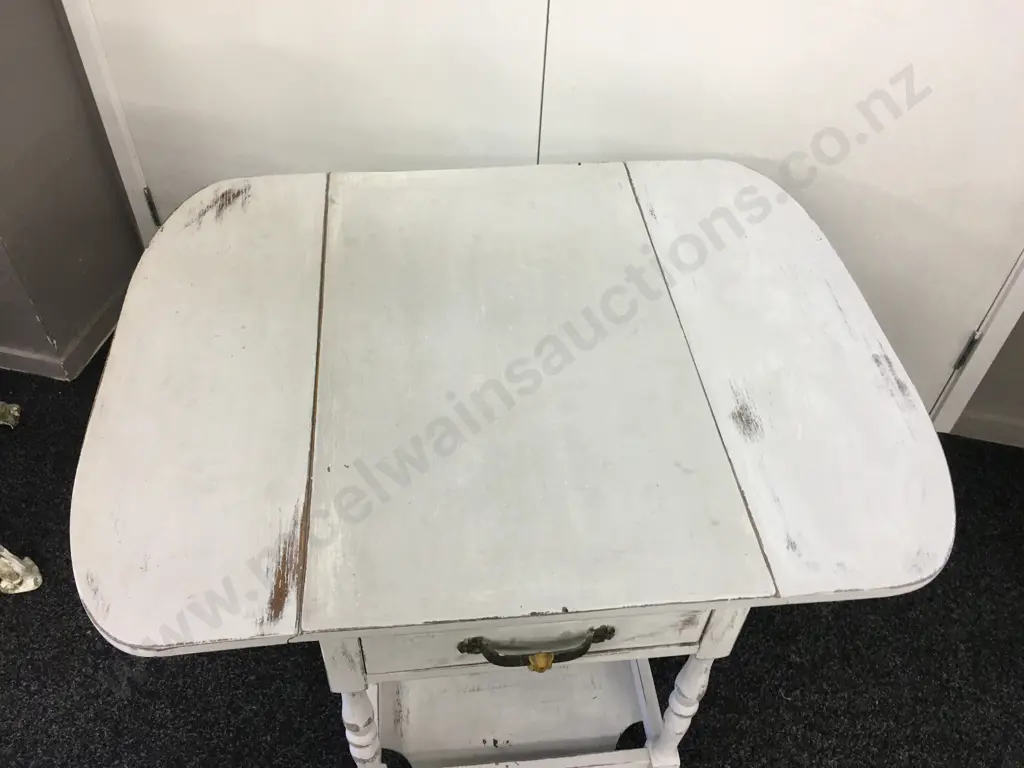 Dropleaf Table, Painted White / Distressed, Single Drawer, H161cm Image 1++