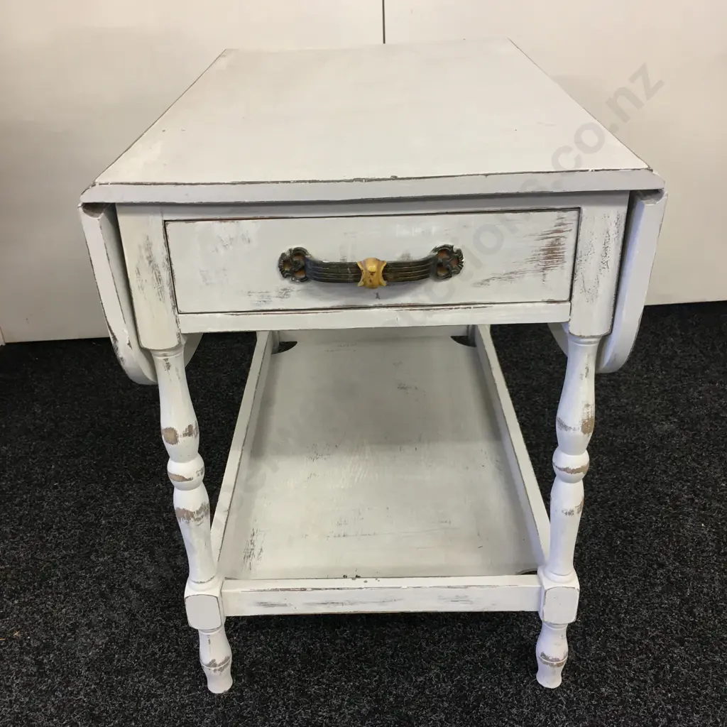 Dropleaf Table, Painted White / Distressed, Single Drawer, H161cm Image 1++