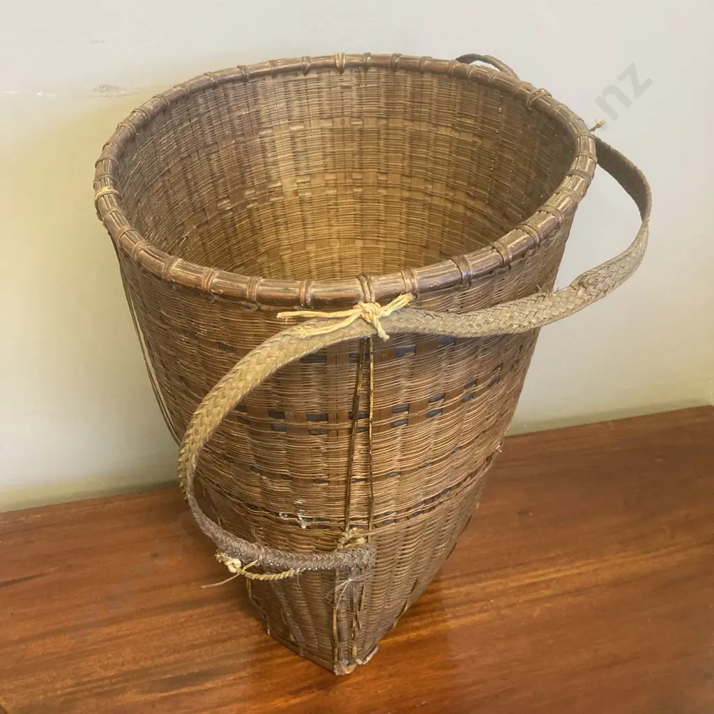 Vintage Vietnamese Backpack Basket Handwoven Rattan & Bamboo, 41 x 28cm Image 1++