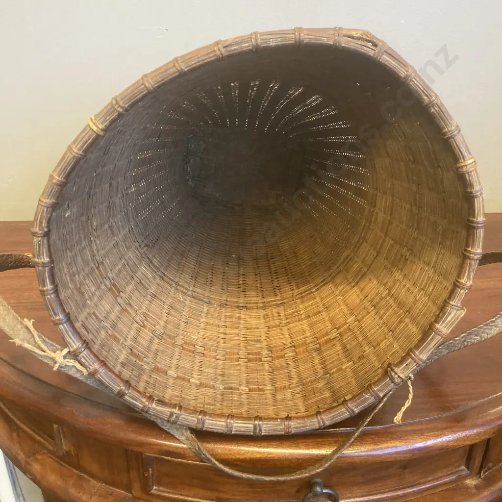 Vintage Vietnamese Backpack Basket Handwoven Rattan & Bamboo, 41 x 28cm Image 1++