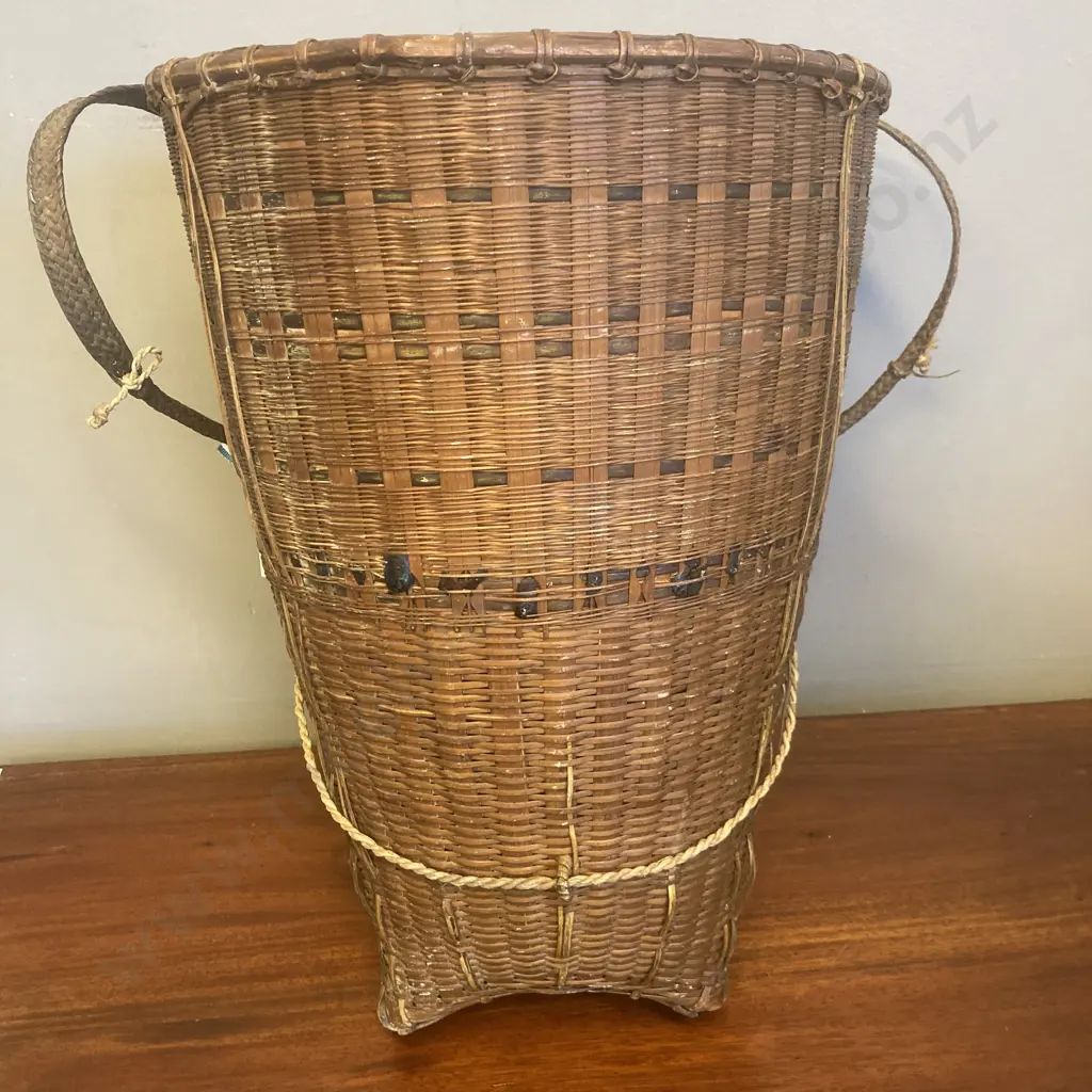 Vintage Vietnamese Backpack Basket Handwoven Rattan & Bamboo, 41 x 28cm Image 1++