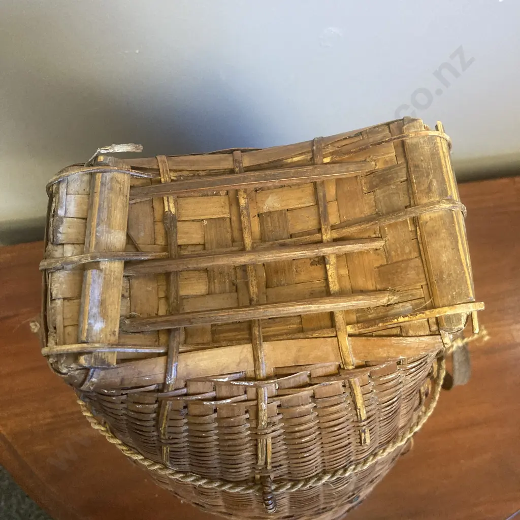 Vintage Vietnamese Backpack Basket Handwoven Rattan & Bamboo, 41 x 28cm Image 1++