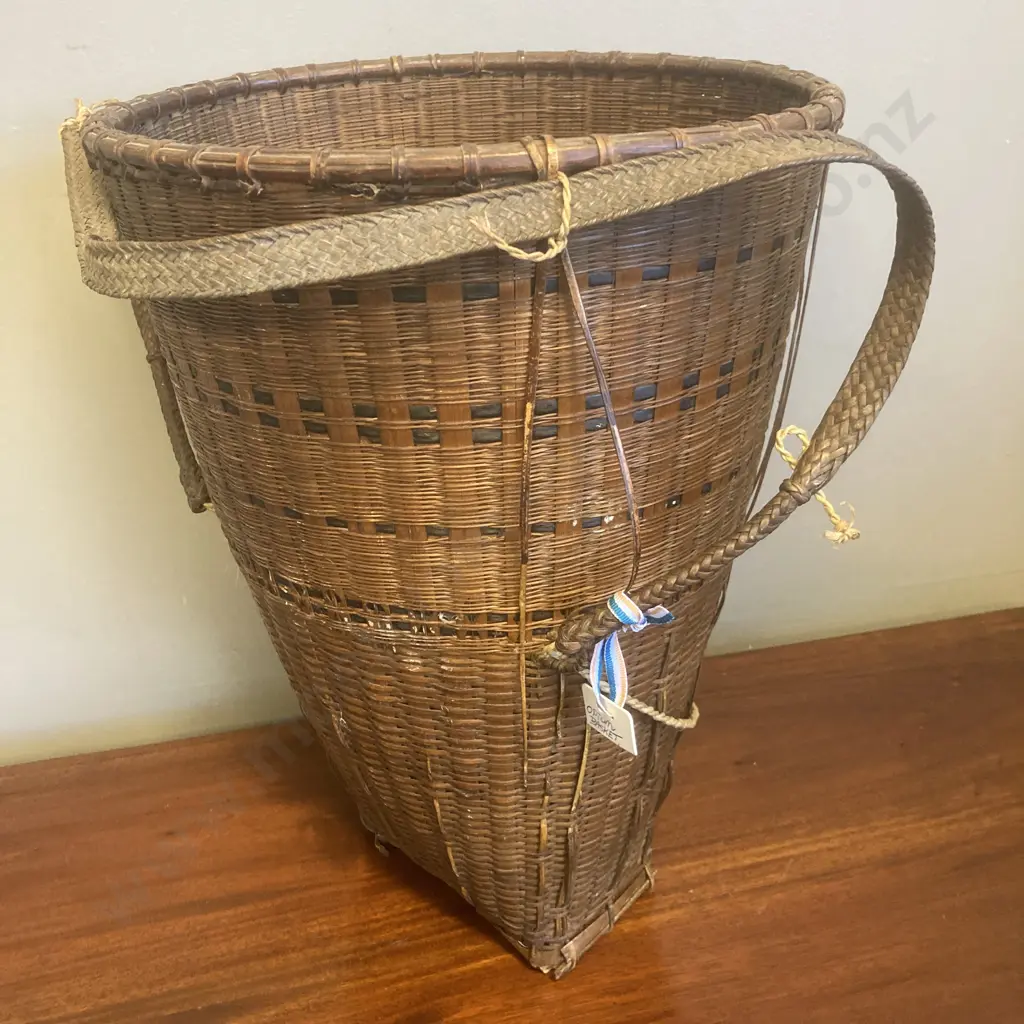 Vintage Vietnamese Backpack Basket Handwoven Rattan & Bamboo, 41 x 28cm Image 1++