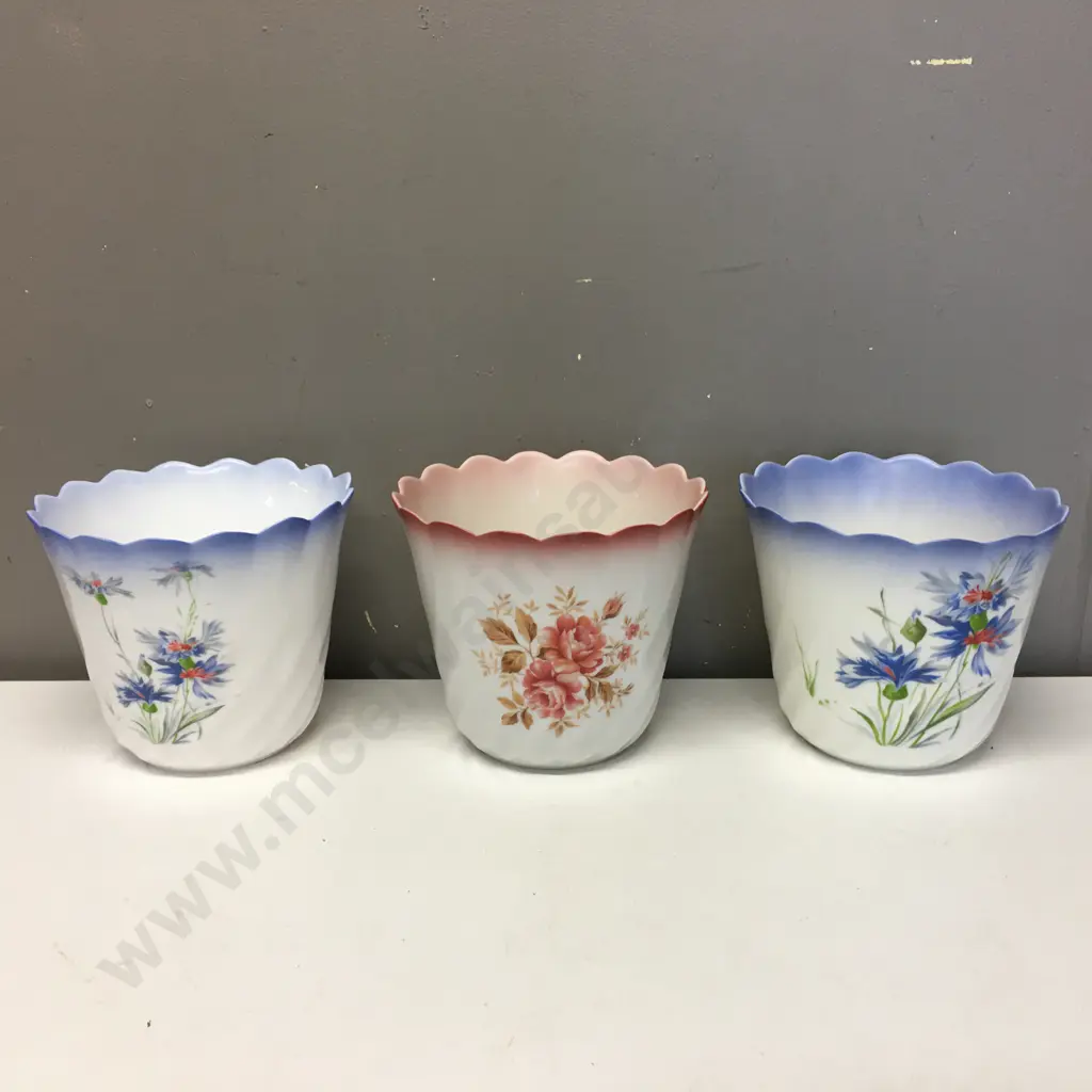 White Planters x3 Blue/Pink Tones Scalloped Rims H60cm, Dia19cm Image 1++