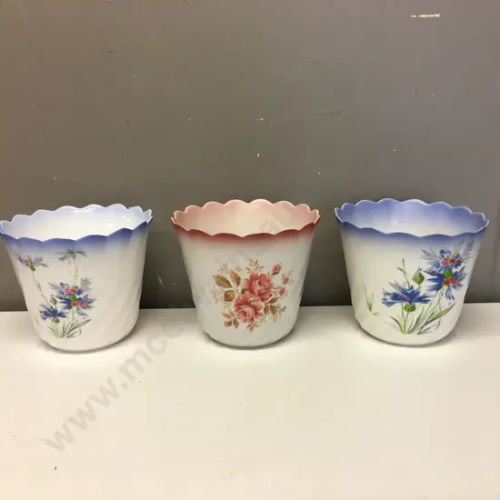 White Planters x3 Blue/Pink Tones Scalloped Rims H60cm, Dia19cm