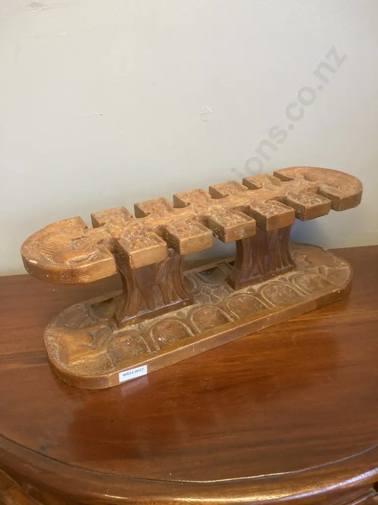 Vintage Rustic Carved Wooden 12 Pipe Stand With Elephants, Rhinos & Lion, H14.5 W43 D13cm Image 1++