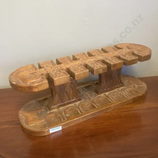 Vintage Rustic Carved Wooden 12 Pipe Stand With Elephants, Rhinos & Lion, H14.5 W43 D13cm