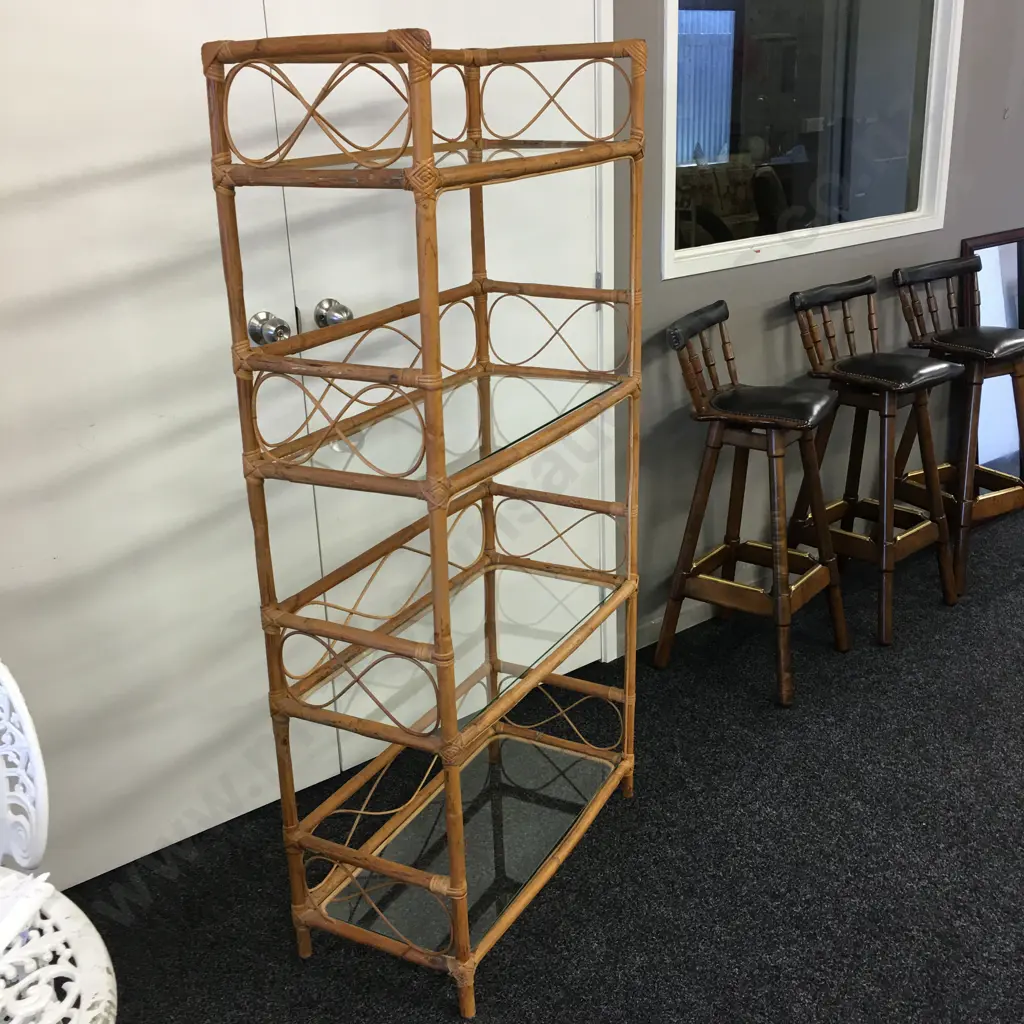 Vintage Cane Bookcase With 4 Glass Shelves, H155 W73 D37cm Image 1++