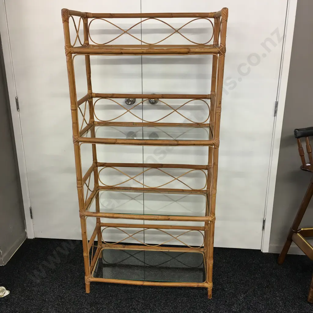 Vintage Cane Bookcase With 4 Glass Shelves, H155 W73 D37cm Image 1++