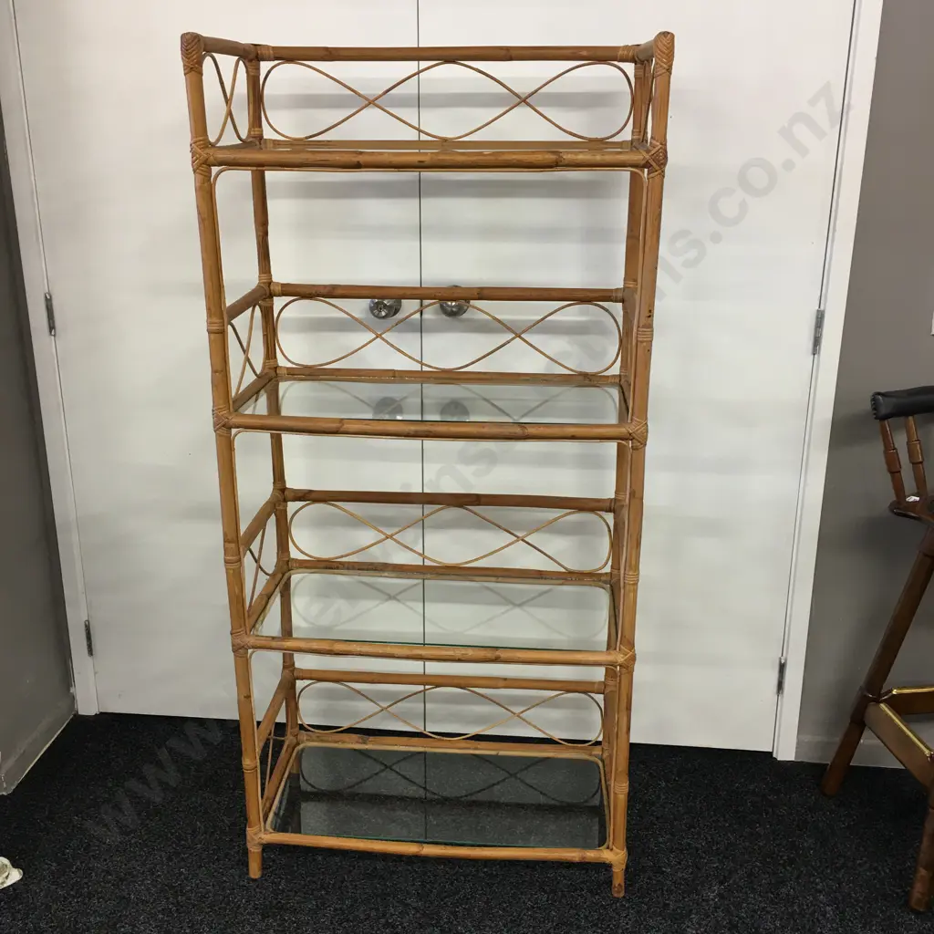 Vintage Cane Bookcase With 4 Glass Shelves, H155 W73 D37cm Image 1++