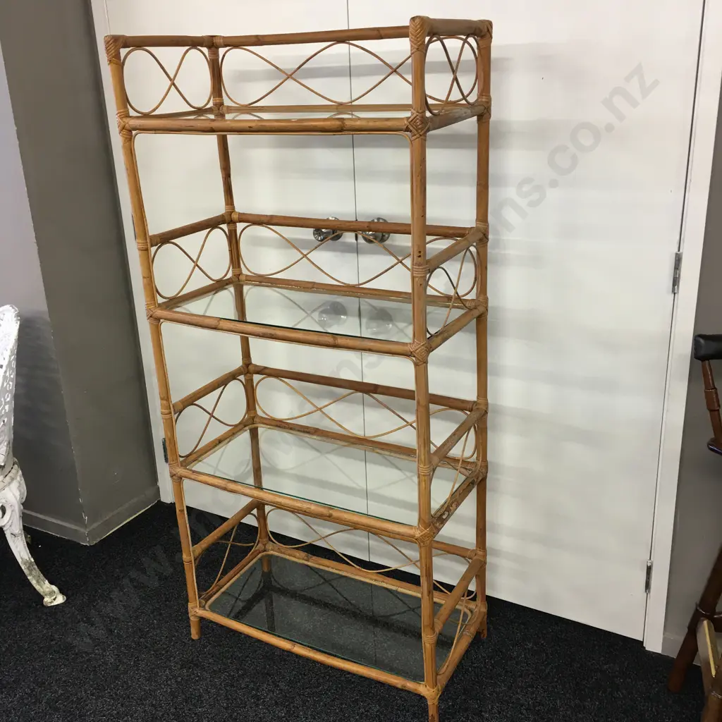 Vintage Cane Bookcase With 4 Glass Shelves, H155 W73 D37cm Image 1++