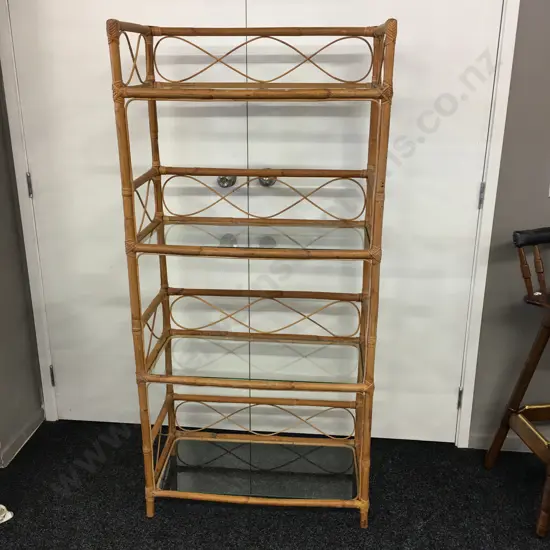 Vintage Cane Bookcase With 4 Glass Shelves, H155 W73 D37cm