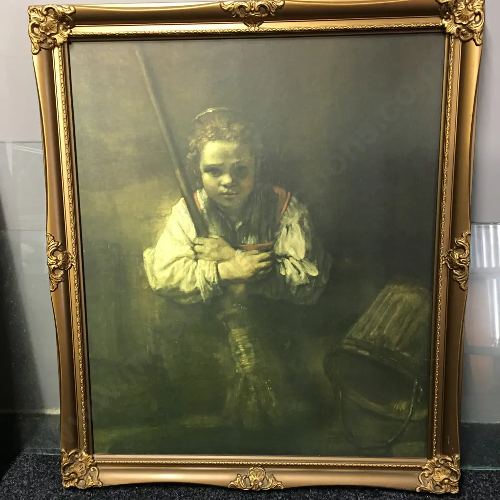 Vintage Gilt Framed Artwork "A Girl With A Broom" 70x59cm. Image 1++