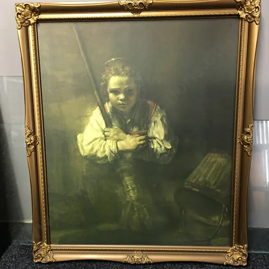 Vintage Gilt Framed Artwork "A Girl With A Broom" 70x59cm.