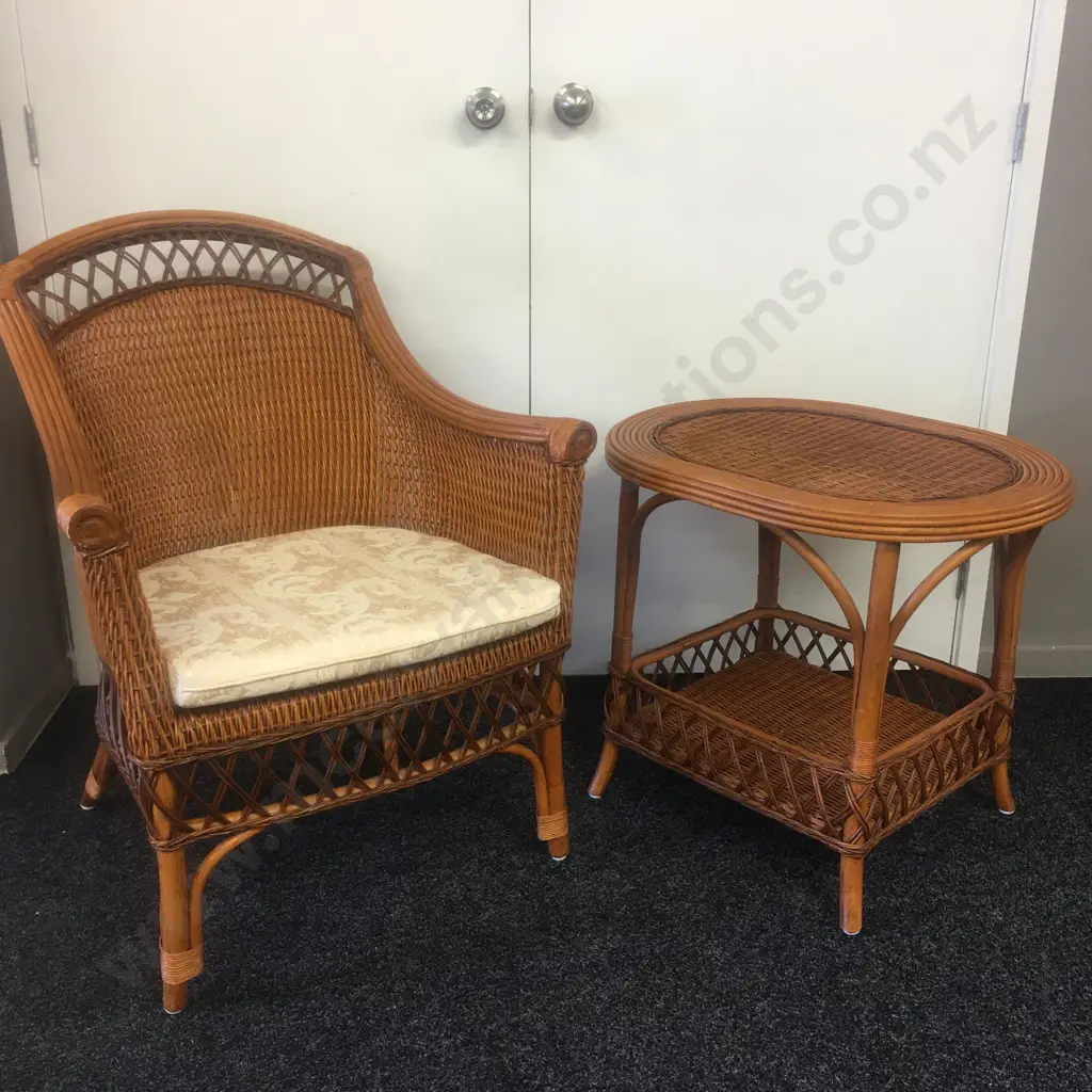 Vintage Boho Chic Rattan Bamboo Lounge Chair With Matching Oval Table With Undershelf Image 1++