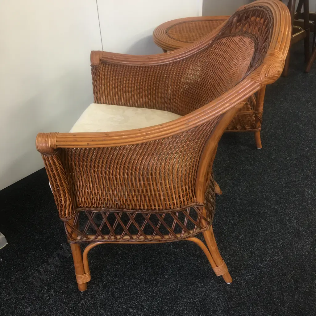 Vintage Boho Chic Rattan Bamboo Lounge Chair With Matching Oval Table With Undershelf Image 1++