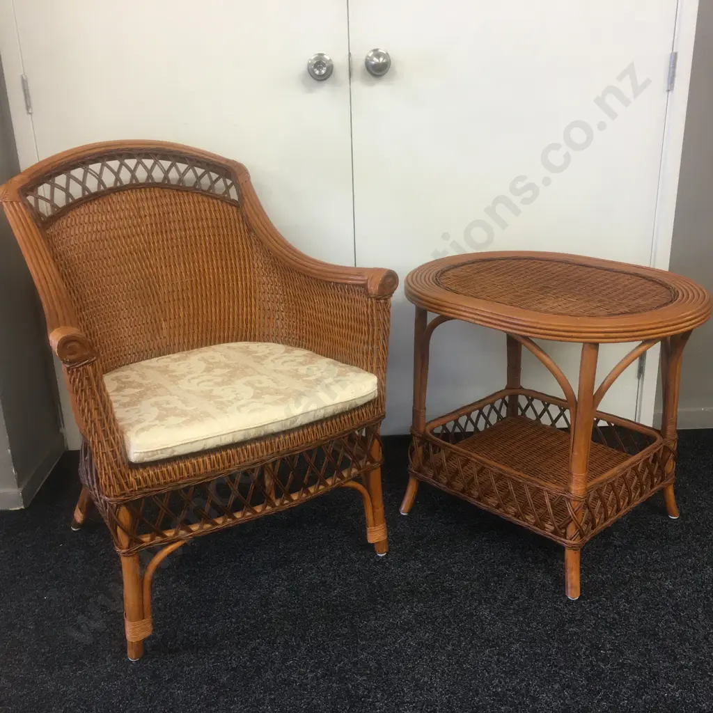 Vintage Boho Chic Rattan Bamboo Lounge Chair With Matching Oval Table With Undershelf Image 1++