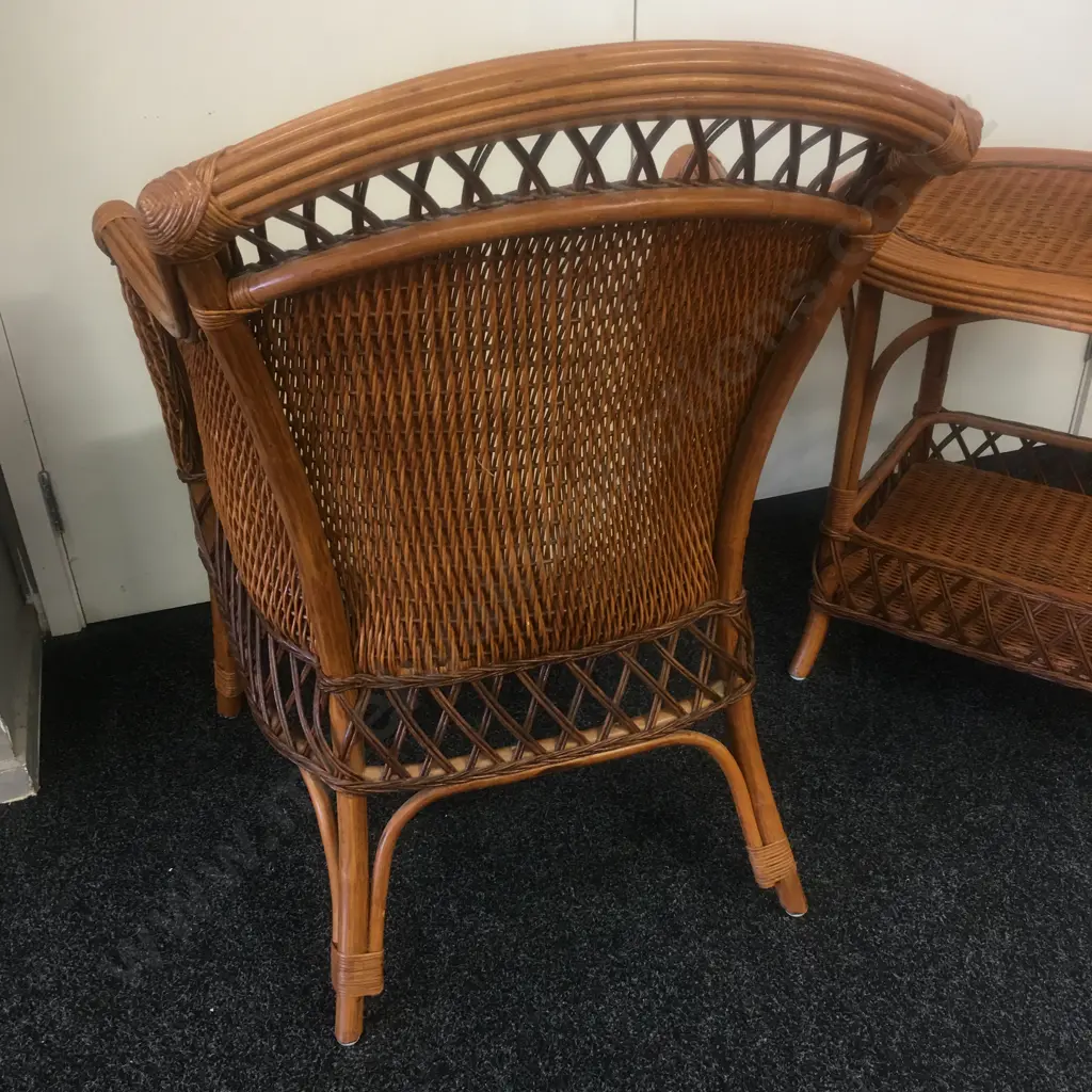 Vintage Boho Chic Rattan Bamboo Lounge Chair With Matching Oval Table With Undershelf Image 1++