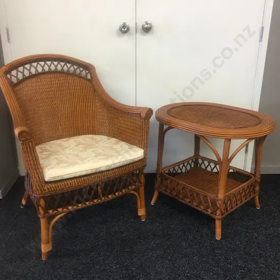 Vintage Boho Chic Rattan Bamboo Lounge Chair With Matching Oval Table With Undershelf