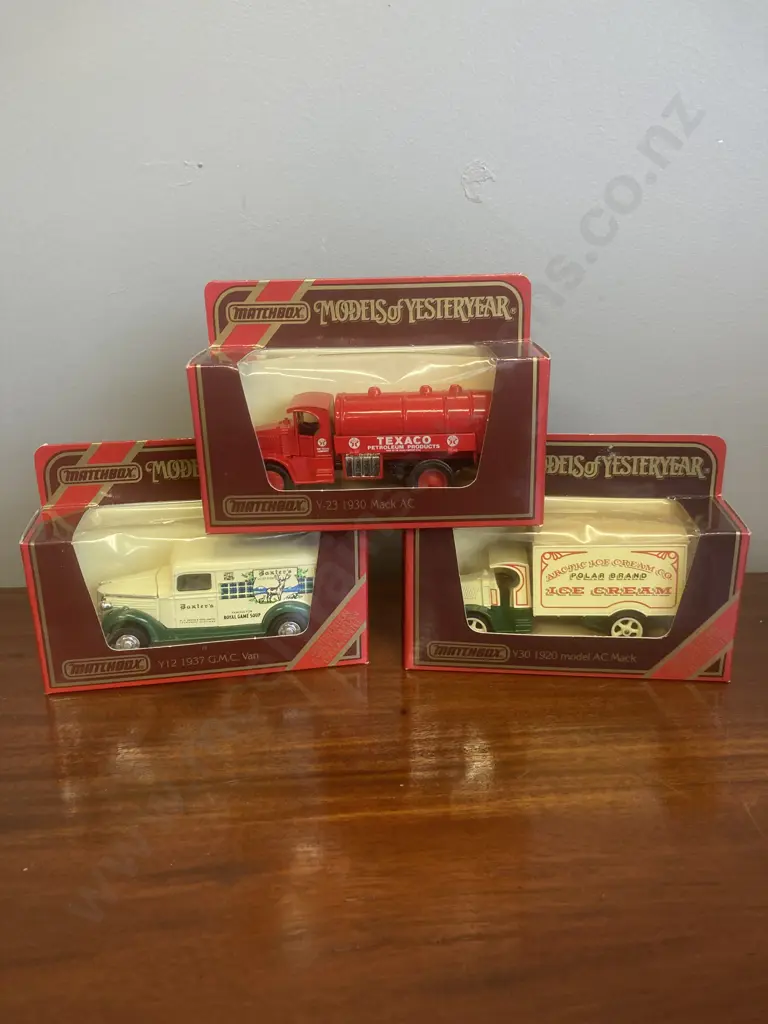 Matchbox Models of Yesteryear Y12 1937 GMC Van Baxters, Y23 1930 Mack AC Texaco & Y30 1920 Model AC Mack Artic Ice Cream Image 1++