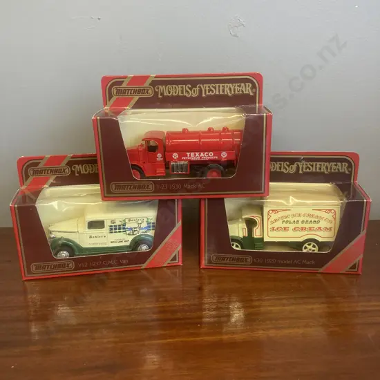 Matchbox Models of Yesteryear Y12 1937 GMC Van Baxters, Y23 1930 Mack AC Texaco & Y30 1920 Model AC Mack Artic Ice Cream