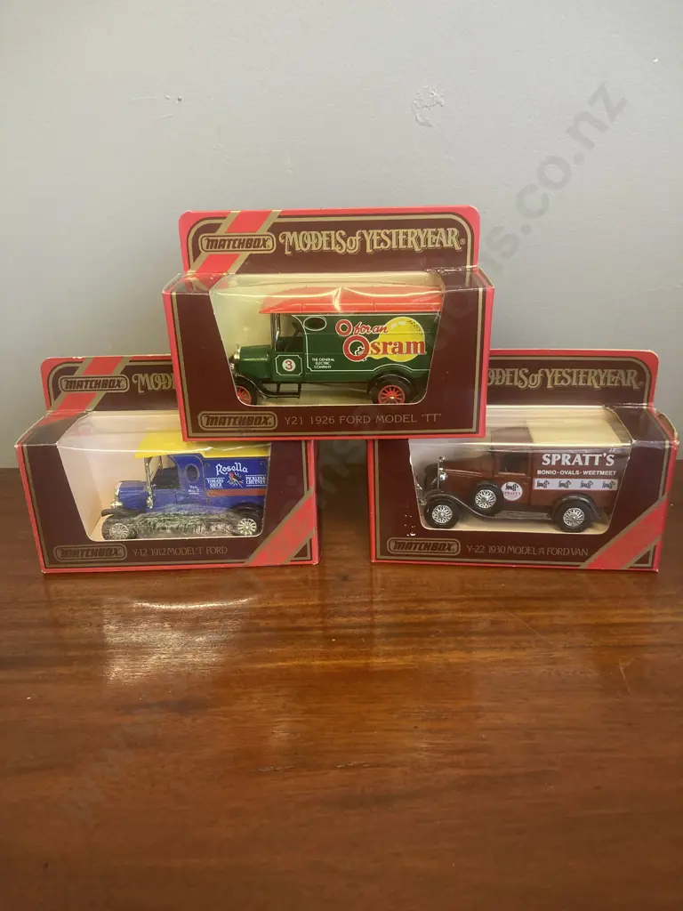 Matchbox Models of Yesteryear Y12 Model T Ford Rosella, Y22 1930 Model A Ford Van Spratts & Y21 1926 Ford Model TT Osram Image 1++