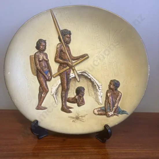 Rare 1950s Bossons Pottery England Chalkware Wall Plate - First Nations Aboriginal Gunyah Group, 28 x 31.5cm
