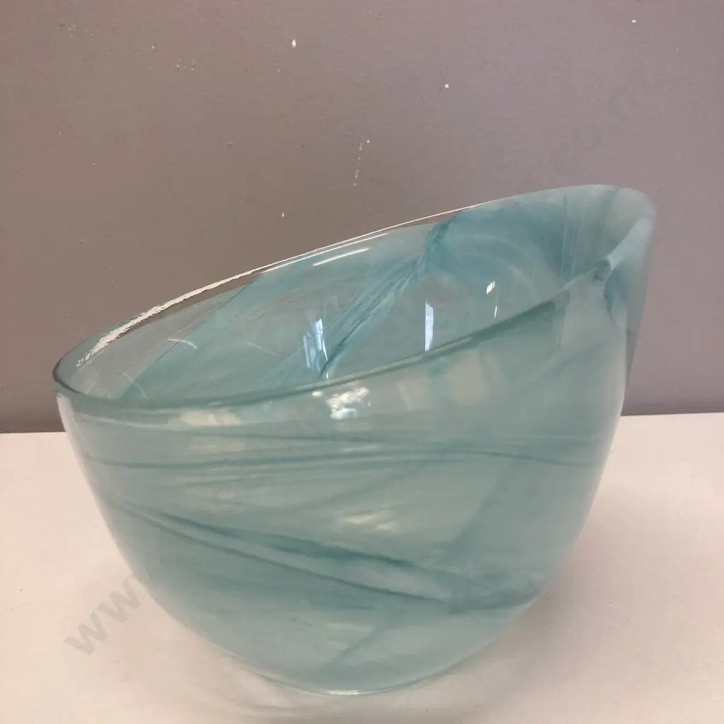 Art Glass Candy by Sea Glassbruk Blue White Abstract Slanted Bowl, 13.5 x 17cm Image 1++