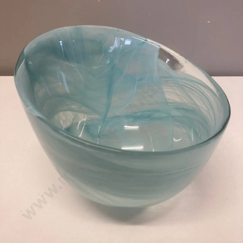 Art Glass Candy by Sea Glassbruk Blue White Abstract Slanted Bowl, 13.5 x 17cm Image 1++