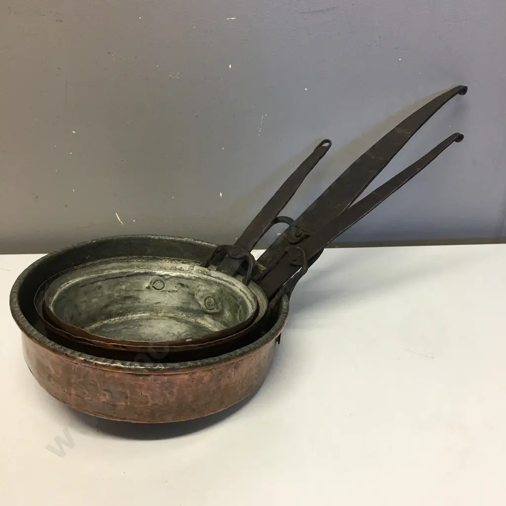 Vintage Copper & Wrought Pans x 3, 18, 20 & 24cm Image 1++