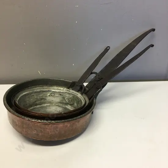 Vintage Copper & Wrought Pans x 3, 18, 20 & 24cm
