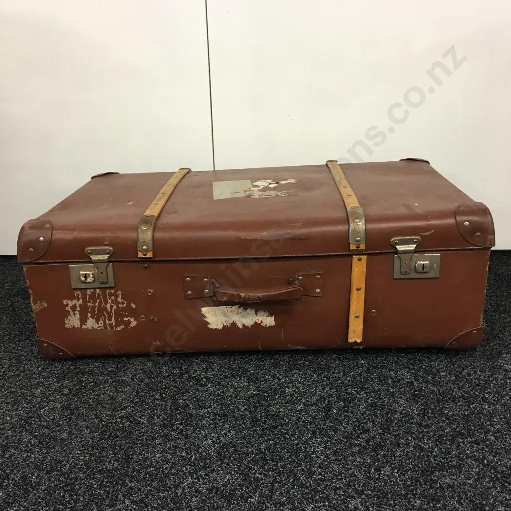 Vintage Suitcase Brown With Wooden Strapping H28, W80, D49cm. Image 1++