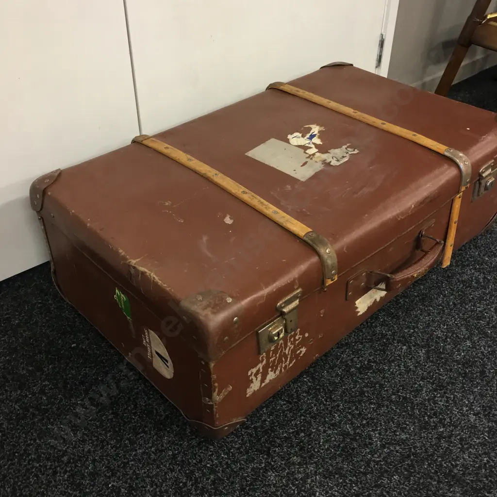 Vintage Suitcase Brown With Wooden Strapping H28, W80, D49cm. Image 1++