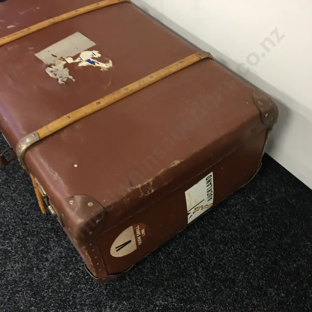 Vintage Suitcase Brown With Wooden Strapping H28, W80, D49cm. Image 1++
