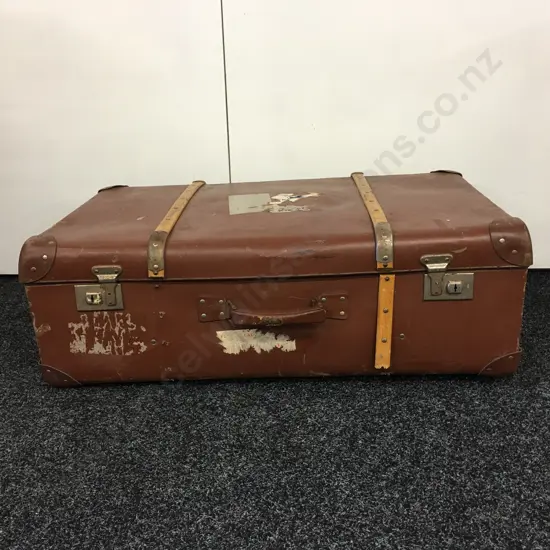 Vintage Suitcase Brown With Wooden Strapping H28, W80, D49cm.
