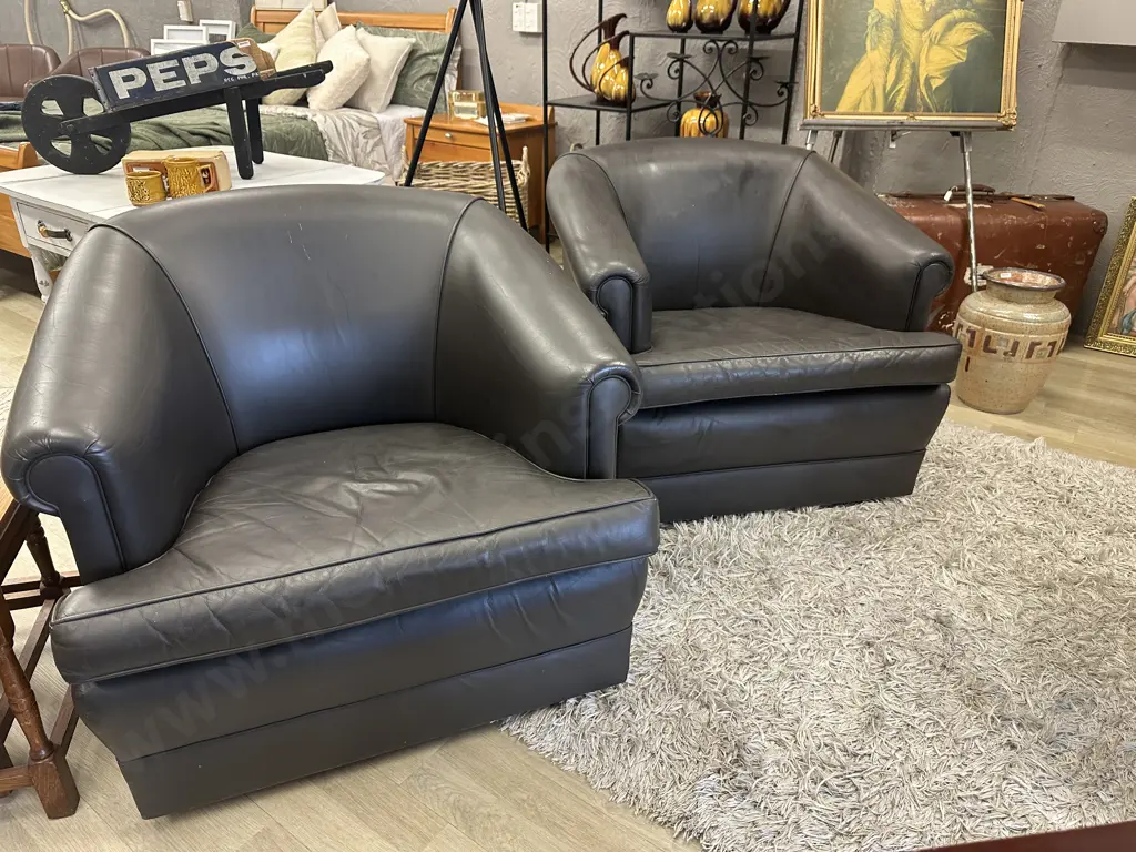 Pair of Stavic Furniture Green / Brown Leather Tub Chairs On Castors (1 Squab As Found Condition) Image 1++