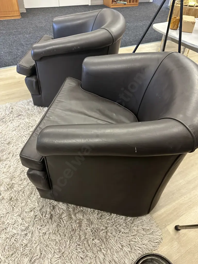 Pair of Stavic Furniture Green / Brown Leather Tub Chairs On Castors (1 Squab As Found Condition) Image 1++