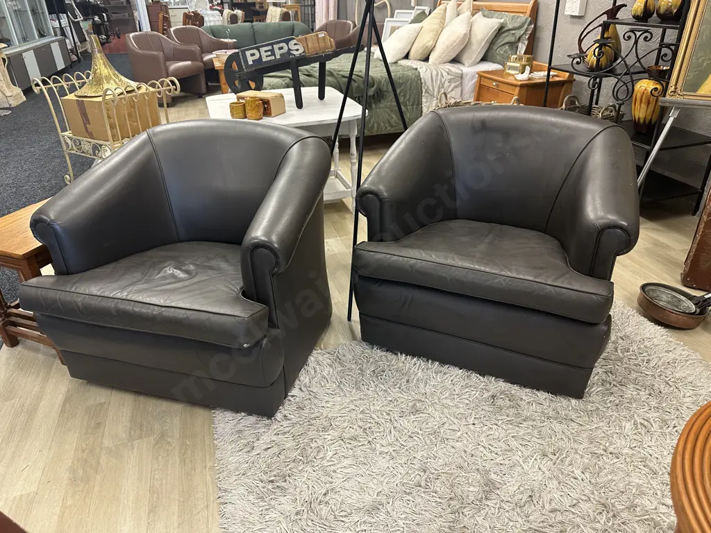 Pair of Stavic Furniture Green / Brown Leather Tub Chairs On Castors (1 Squab As Found Condition) Image 1++