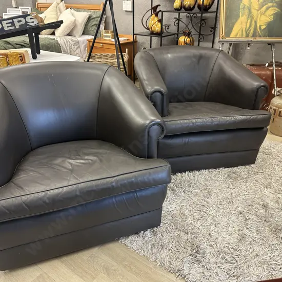 Pair of Stavic Furniture Green / Brown Leather Tub Chairs On Castors (1 Squab As Found Condition)