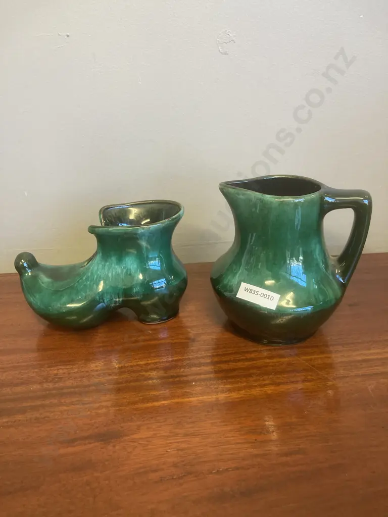 1960s Canuck Pottery Evangeline Ware Canada Pottery Green & Black Elf Boot & Pitcher Image 1++