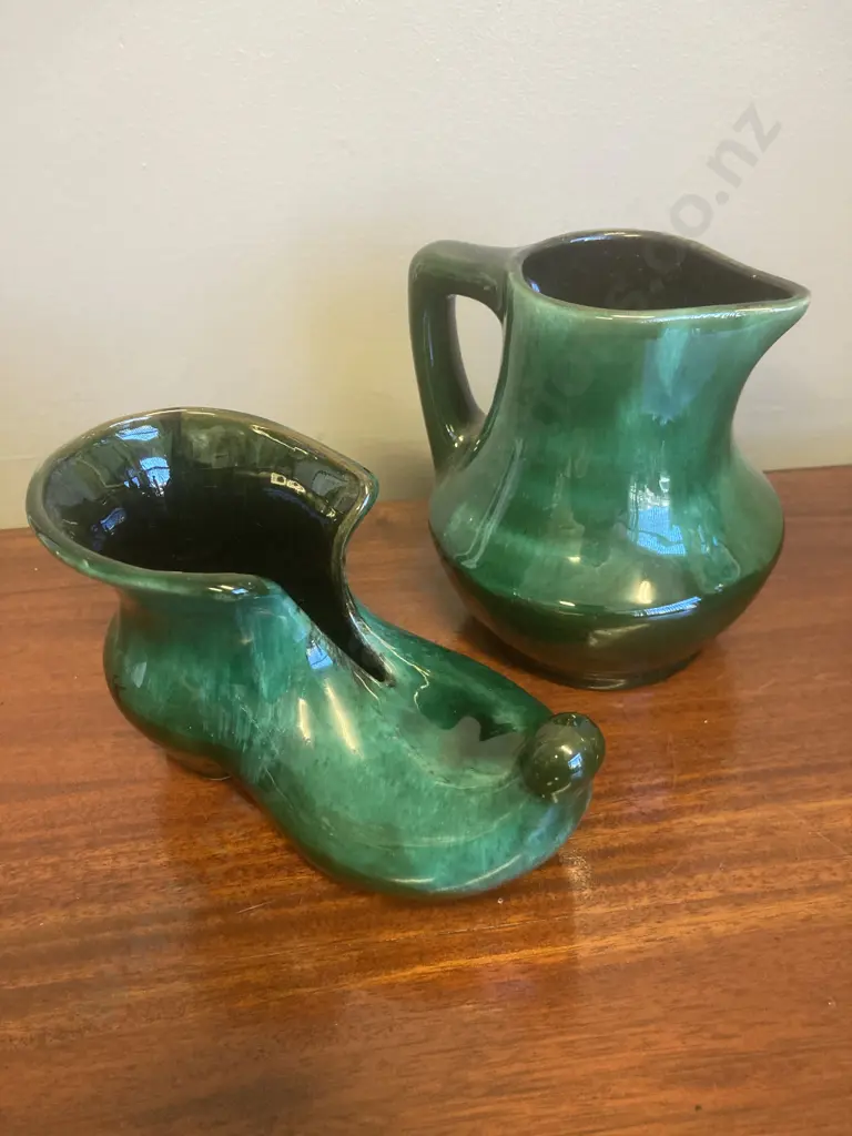 1960s Canuck Pottery Evangeline Ware Canada Pottery Green & Black Elf Boot & Pitcher Image 1++