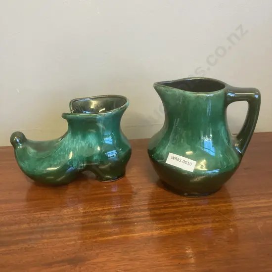 1960s Canuck Pottery Evangeline Ware Canada Pottery Green & Black Elf Boot & Pitcher