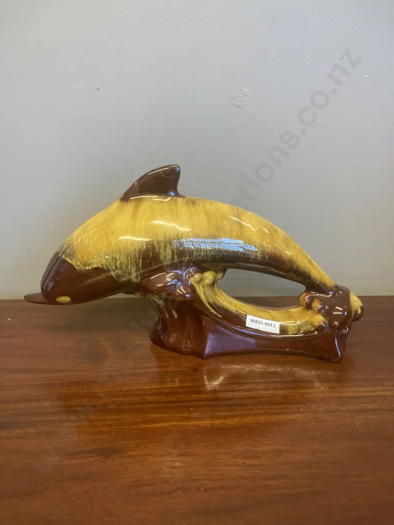 Vintage Blue Mountain Pottery Harvest Gold Glaze Pottery Dolphin, 17 x 32cm Image 1++
