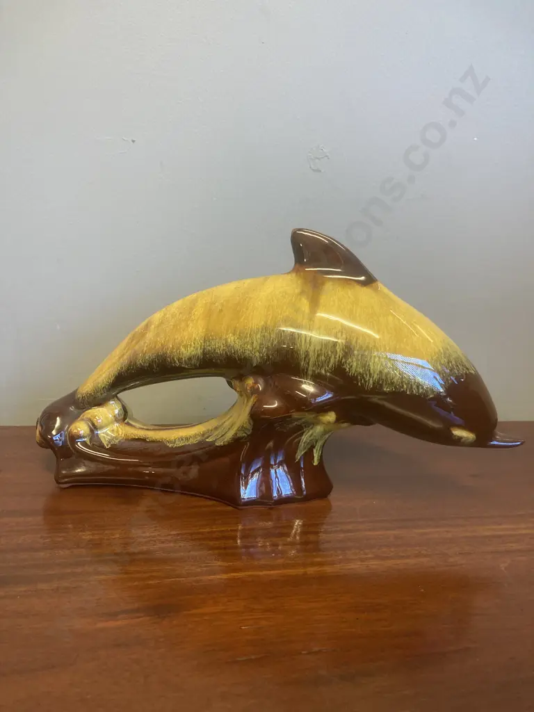 Vintage Blue Mountain Pottery Harvest Gold Glaze Pottery Dolphin, 17 x 32cm Image 1++